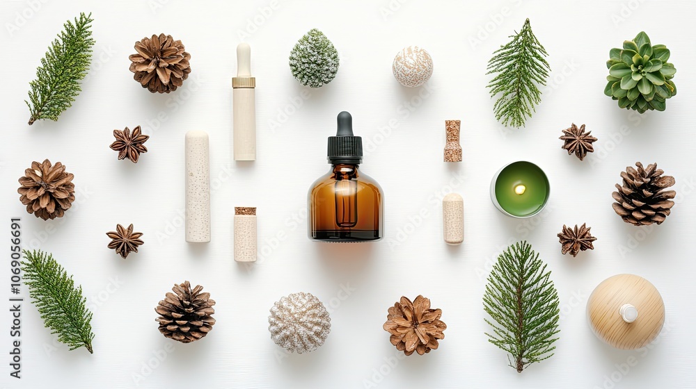 Flat lay of essential oils and New Year gift items, including a small diffuser, candles, and festive decorations on a white background Flat lay of essential oils and New Year gift items, including a small diffuser, candles, and festive decorations on a white background