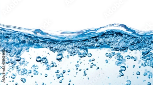 Pure blue water surface with bubbles on white background