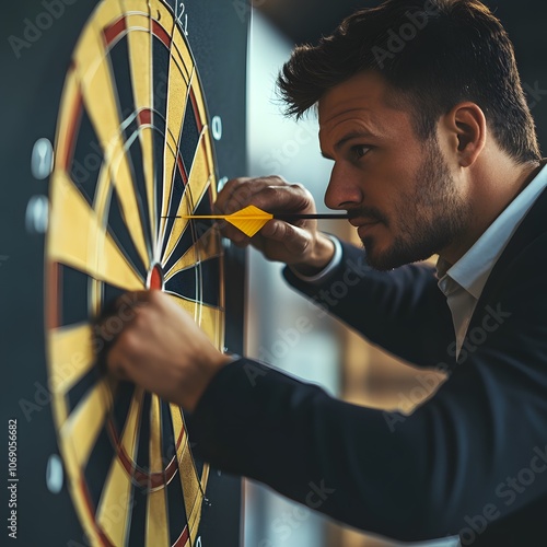 A businessman, poised with an arrow, aims at a virtual dartboard representing business investments photo