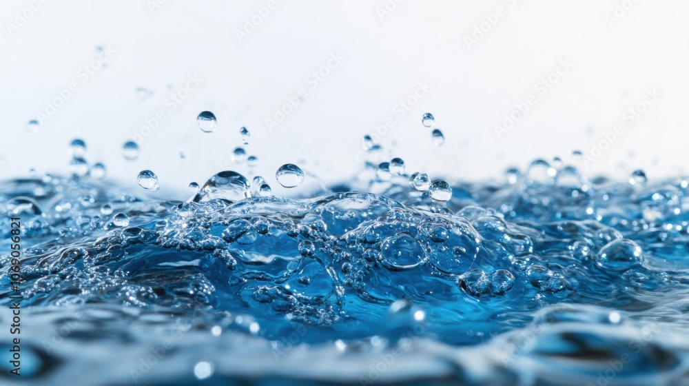 Close-up of pure blue water surface with splashing bubbles and drops Close-up of pure blue water surface with splashing bubbles and drops