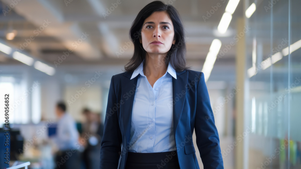 Confident Middle-Eastern woman in a business suit walking through a modern office, showcasing determination and professionalism. Confident Middle-Eastern woman in a business suit walking through a modern office, showcasing determination and professionalism.