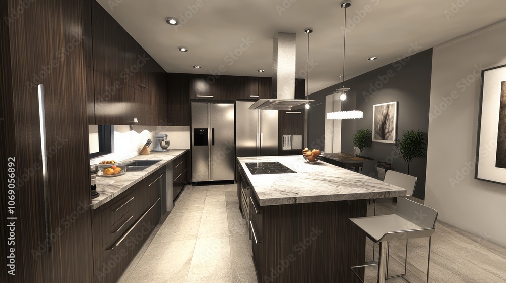 Modern Kitchen with Dark Wood Cabinets and Stainless Steel Appliances Modern Kitchen with Dark Wood Cabinets and Stainless Steel Appliances
