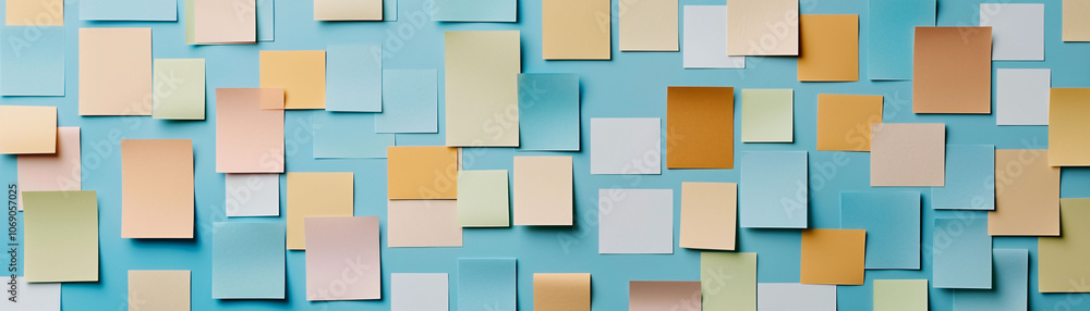 Colorful sticky notes on blue background create vibrant collage Colorful sticky notes on blue background create vibrant collage