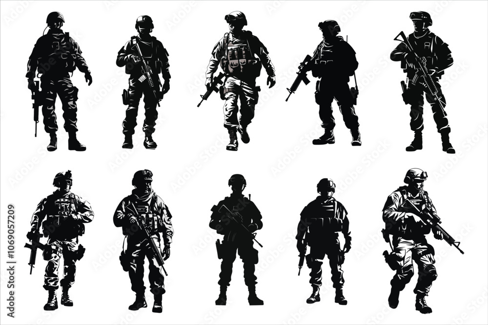 Naklejka premium Military Force Soldier With Weapons Silhouette Bundle Set on a White Background