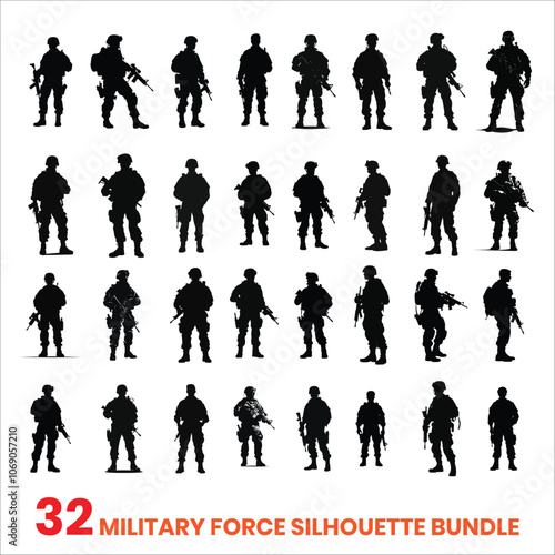 Military Force Soldier With Weapons Silhouette Bundle Set on a White Background