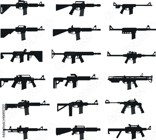Weapons Silhouette Bundle Set on a White Background, Weapon collection of shotguns, handguns, machine guns others
