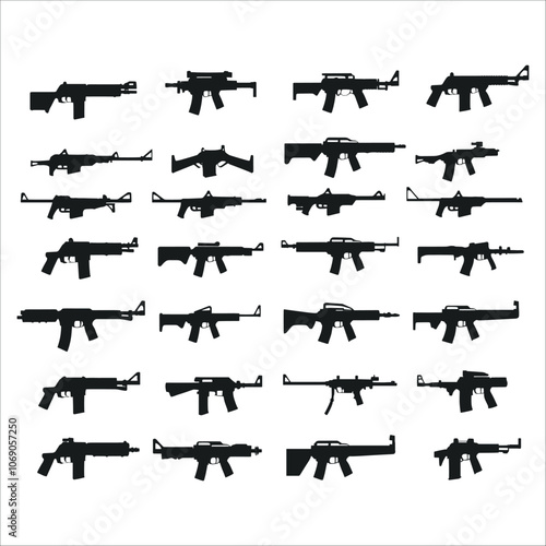 Weapons Silhouette Bundle Set on a White Background, Weapon collection of shotguns, handguns, machine guns others