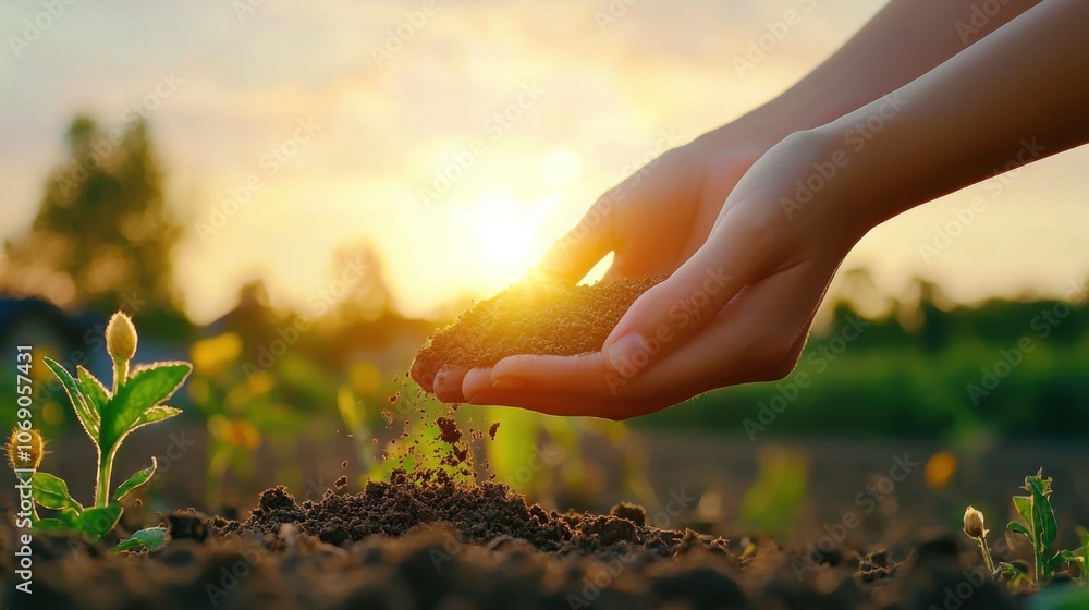 Fototapeta premium Hands Cupping Rich Soil Under Sunrise Glow
