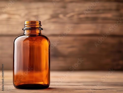 Skincare tonic in amber bottle, vintage apothecary aesthetic, rustic wooden background