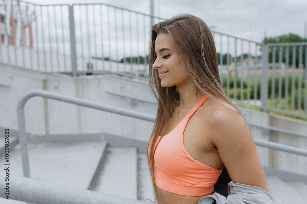 A smiling woman in a sports bra showing off her muscles by a railing A smiling woman in a sports bra showing off her muscles by a railing