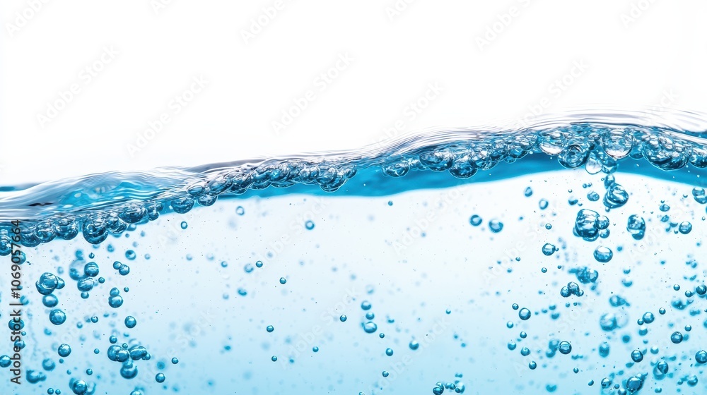 Pure blue water surface with bubbles creating a refreshing wave on white background Pure blue water surface with bubbles creating a refreshing wave on white background