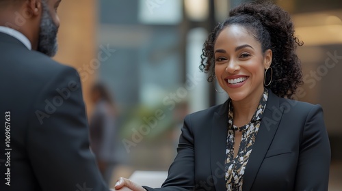 A businesswoman confidently shaking hands with a client in a modern office setting. The interaction highlights professionalism and a strong, positive business relationship. photo