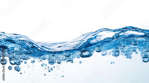 Blue water surface with bubbles creating a refreshing wave on white background