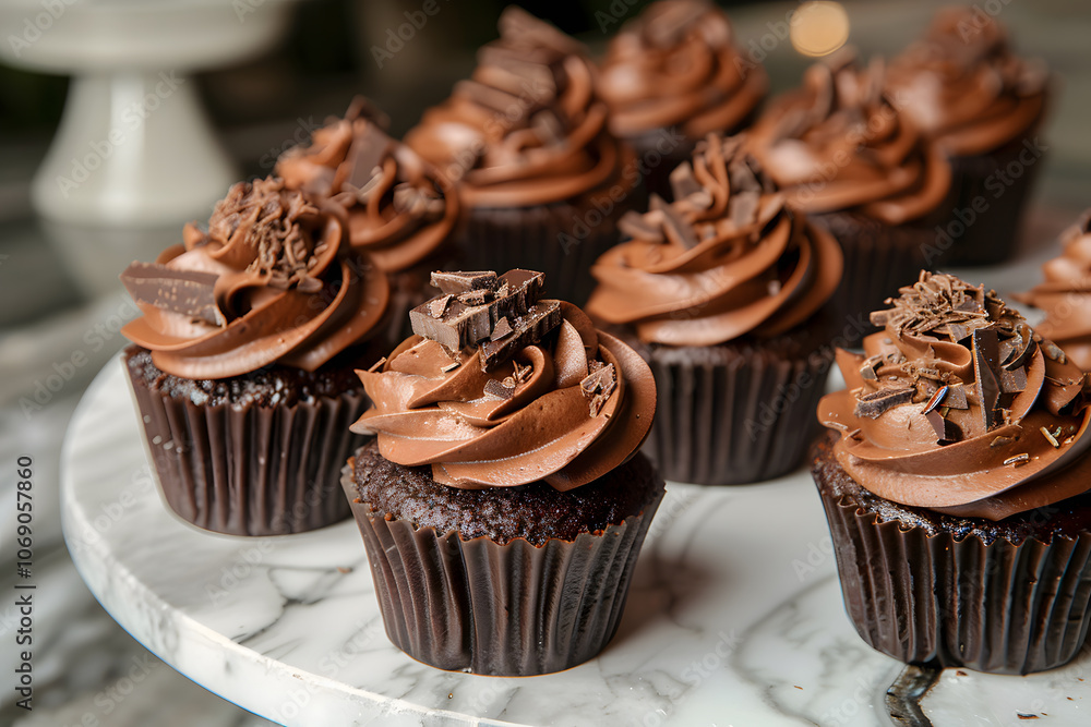Chocolate cupcakes with rich ganache, chocolate shavings, and cocoa powder on marble platter Chocolate cupcakes with rich ganache, chocolate shavings, and cocoa powder on marble platter