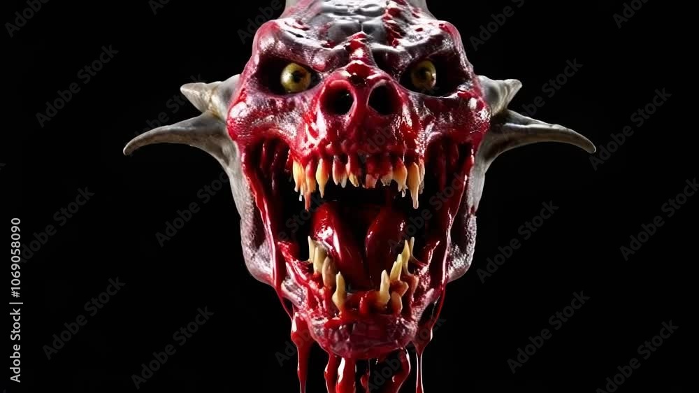 A menacing dragon head dripping with blood, showcasing vivid design and intense features, set in a dark, atmospheric environment. A menacing dragon head dripping with blood, showcasing vivid design and intense features, set in a dark, atmospheric environment.