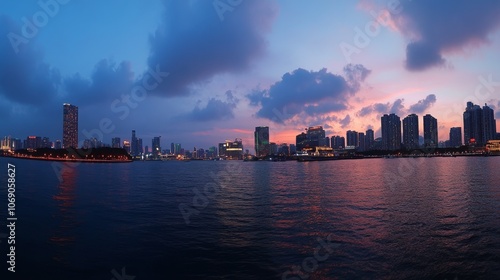 A panoramic view of a city skyline during twilight, reflecting on water with vibrant colors in the sky.