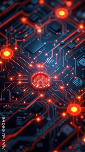 A detailed view of a futuristic digital circuit board showcasing vibrant orange and red connections, illuminated against a dark background for a high-tech appearance