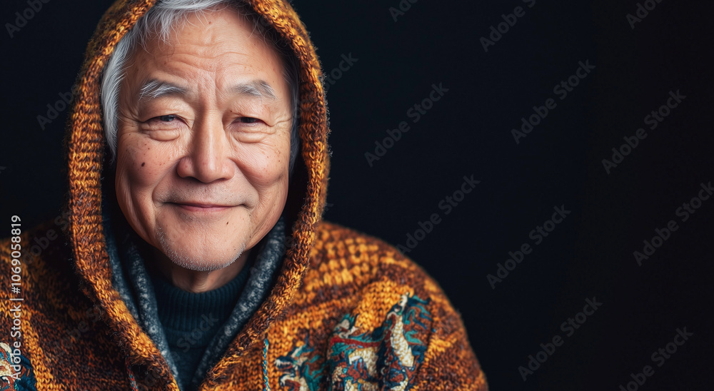 Elderly Man in Warm Sweater with Hood Smiling Against Dark Background Elderly Man in Warm Sweater with Hood Smiling Against Dark Background