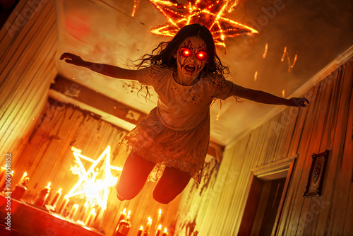 Possessed levitating evil girl, demonic, exorcism, horror, Halloween