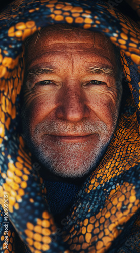 Elderly Man Smiling Wrapped in Colorful Snake Fabric Portrait