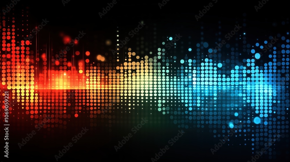 Colorful, abstract image of a sound wave with red, blue, and yellow dots. Concept of energy and movement, as if the sound wave is pulsing and vibrating. The use of bright colors Colorful, abstract image of a sound wave with red, blue, and yellow dots. Concept of energy and movement, as if the sound wave is pulsing and vibrating. The use of bright colors