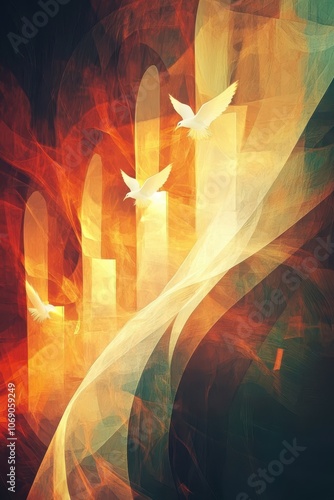 Pentecost meditation scene: apostles in quiet reflection, warm fire lighting each, doves softly glowing, abstract wind, spiritual and calming design photo