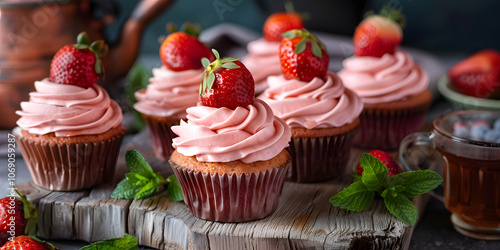 Fresh strawberry cupcakes with buttercream and mint leaves on a rustic board for a charming dessert