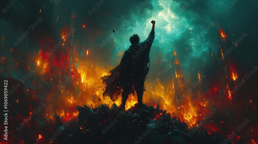 Man is standing on a pile of rubble with a fire in the background. He is holding his hand up in the air, as if he is trying to stop the fire. The scene is chaotic and intense Man is standing on a pile of rubble with a fire in the background. He is holding his hand up in the air, as if he is trying to stop the fire. The scene is chaotic and intense