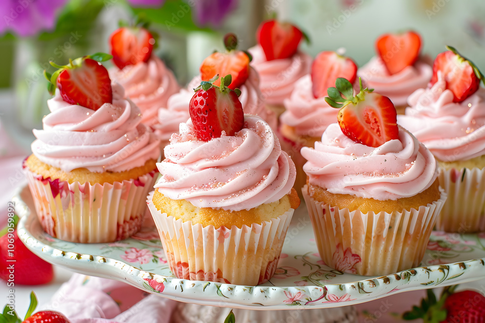 Cake stand with strawberry cupcakes topped with pink frosting, strawberry slices, and edible glitter Cake stand with strawberry cupcakes topped with pink frosting, strawberry slices, and edible glitter