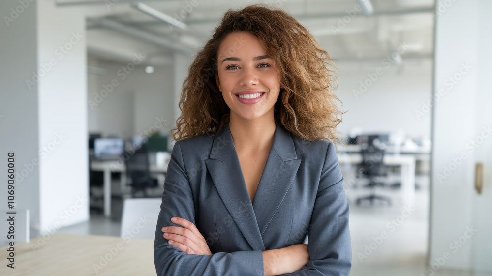 Confident young woman of mixed ethnicity smiling in a modern office, showcasing professionalism and positivity in a corporate environment. Confident young woman of mixed ethnicity smiling in a modern office, showcasing professionalism and positivity in a corporate environment.