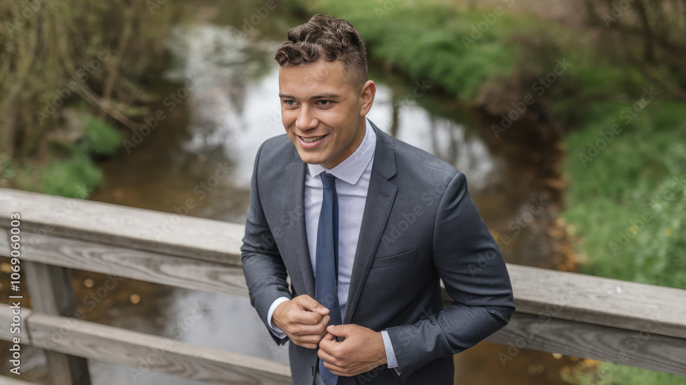 A young Hispanic man in a stylish suit stands confidently on a wooden bridge, smiling warmly, with a serene stream and greenery in the background. A young Hispanic man in a stylish suit stands confidently on a wooden bridge, smiling warmly, with a serene stream and greenery in the background.