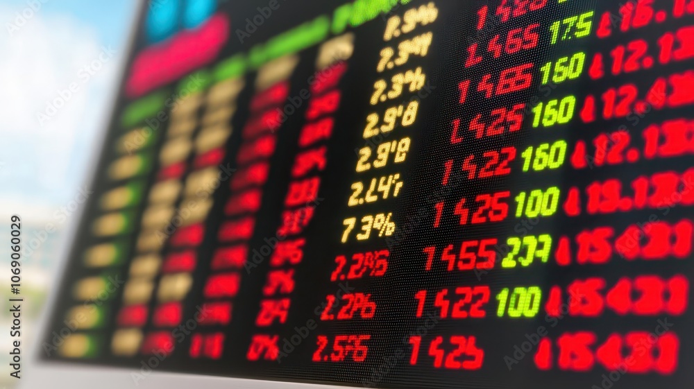 Stock market display featuring fluctuating financial data and stock prices. Stock market display featuring fluctuating financial data and stock prices.