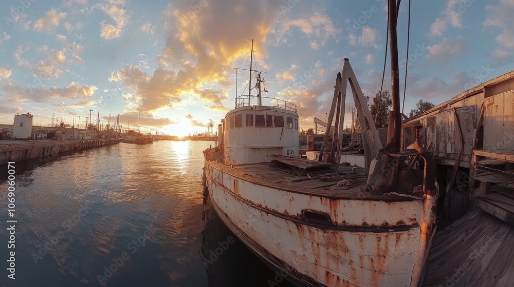 A weathered fishing boat docked by the water during a vibrant sunset. A weathered fishing boat docked by the water during a vibrant sunset.