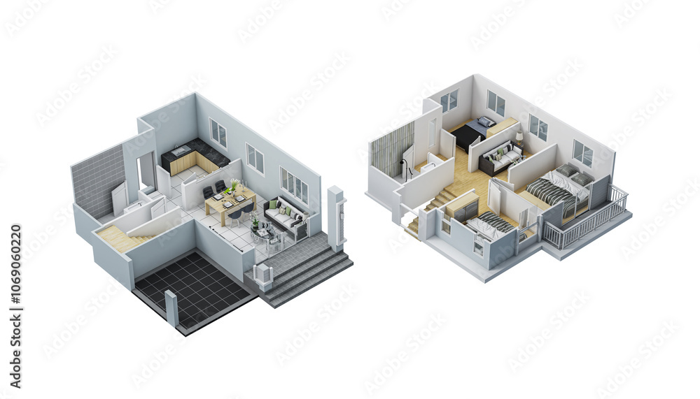 Floor plan top view. House interior isolated on white background. 3D render Floor plan top view. House interior isolated on white background. 3D render
