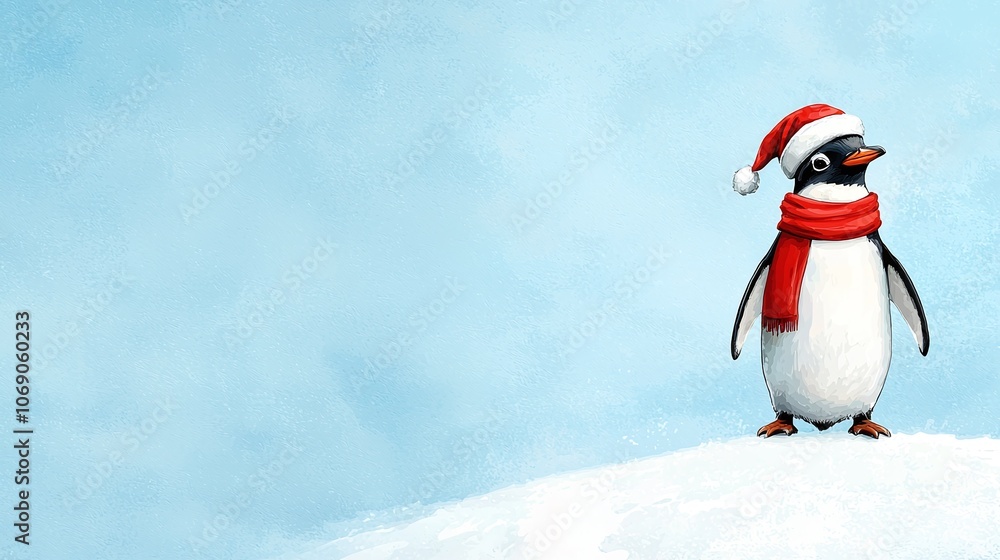 Cute watercolor penguin wearing a red scarf and Santa hat, standing on a snowy hill with a joyful expression. 8K Cute watercolor penguin wearing a red scarf and Santa hat, standing on a snowy hill with a joyful expression. 8K