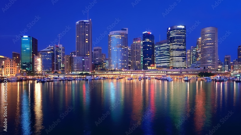 Naklejka premium A vibrant city skyline at night reflecting in the water.