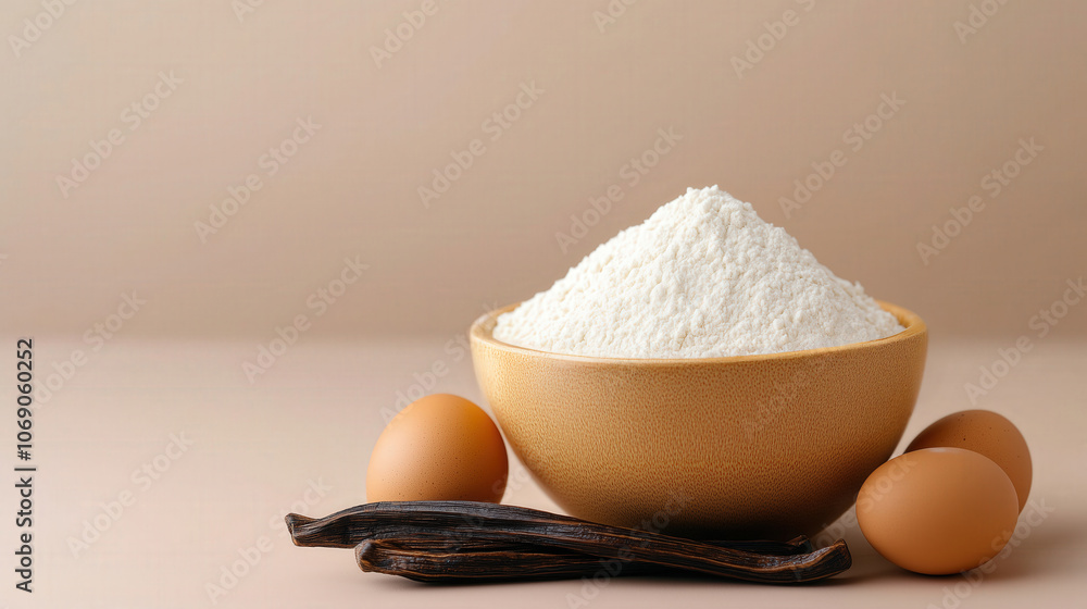 A bowl of flour sits alongside fresh eggs and vanilla pods, creating a simple yet inviting scene for baking ingredients. A bowl of flour sits alongside fresh eggs and vanilla pods, creating a simple yet inviting scene for baking ingredients.