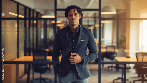 A confident Black male professional in a tailored blazer, standing in a modern office setting, exuding a sense of determination and style.