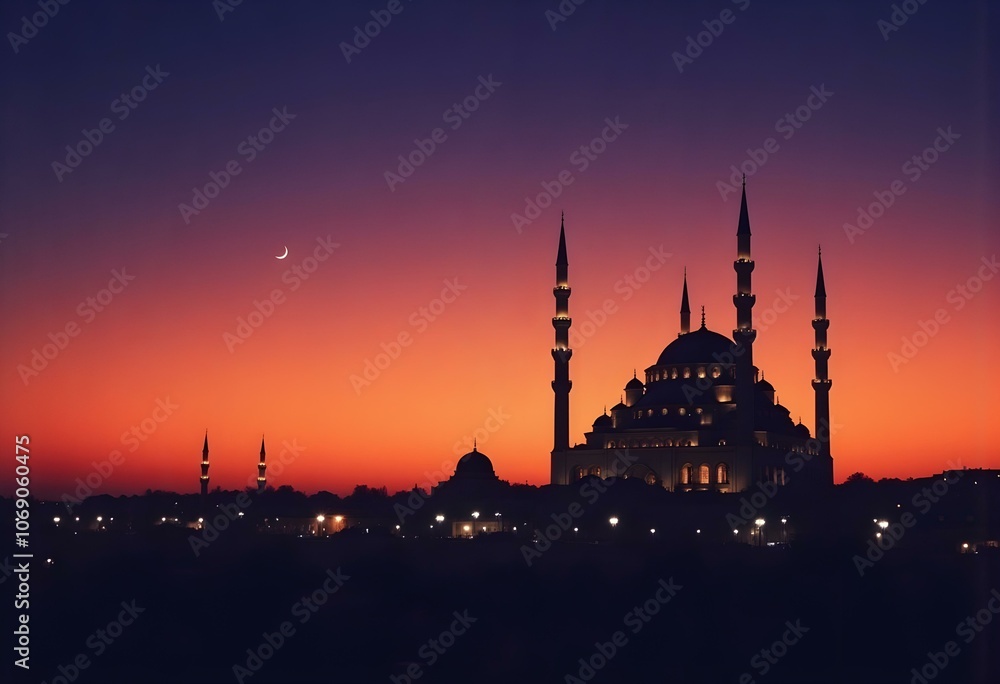 Fototapeta premium Mosque sunset sky, moon, holy night, islamic night and silhouette mosque, panaromic islamic wallpaper
