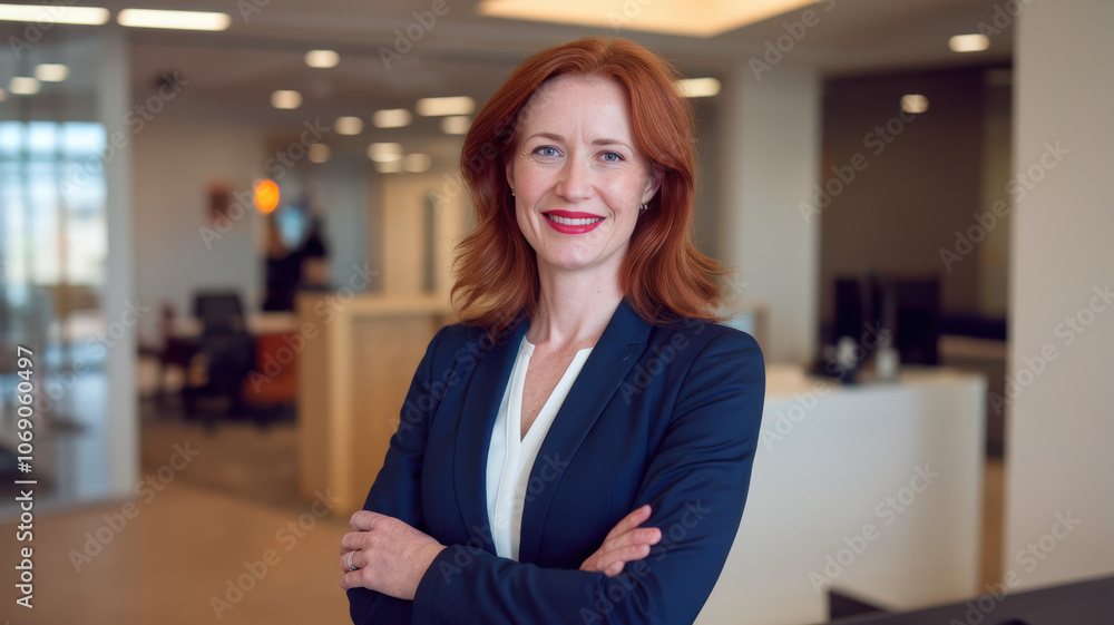 Fototapeta premium A confident Caucasian woman with red hair smiles warmly, dressed in a professional blue blazer, standing in a modern office environment.