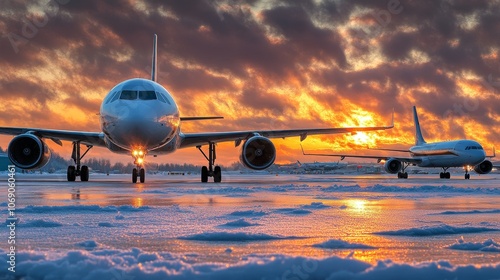 Airplanes on a snowy runway during sunset, showcasing winter travel and aviation.