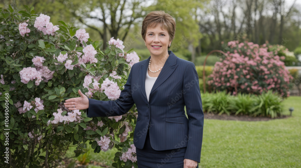 A smiling middle-aged woman in a navy suit stands beside a blooming bush of pink flowers, exuding confidence and warmth in a lush garden setting. A smiling middle-aged woman in a navy suit stands beside a blooming bush of pink flowers, exuding confidence and warmth in a lush garden setting.