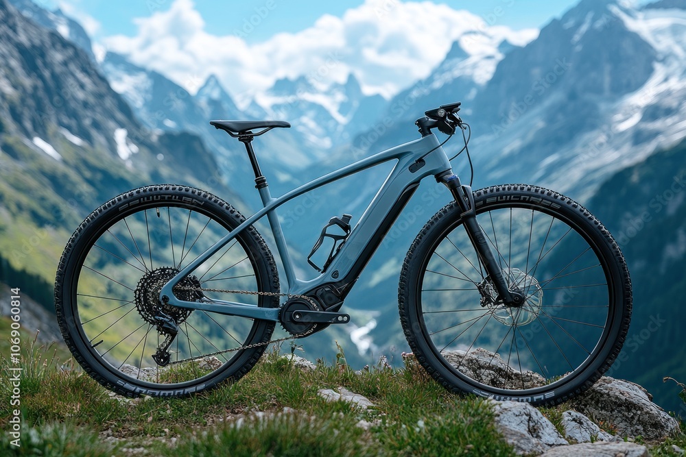 Electric Mountain Bike in Majestic Mountain Landscape Electric Mountain Bike in Majestic Mountain Landscape