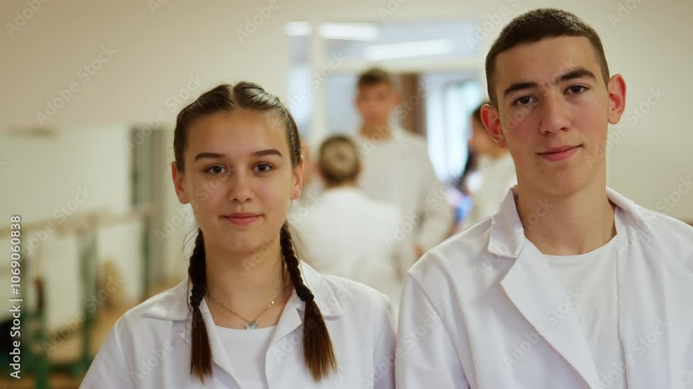 Two young medical students in white lab coats, standing in a classroom setting, looking confidently at the camera. Concept of aspiring healthcare professionals and future medical practitioners. Two young medical students in white lab coats, standing in a classroom setting, looking confidently at the camera. Concept of aspiring healthcare professionals and future medical practitioners.