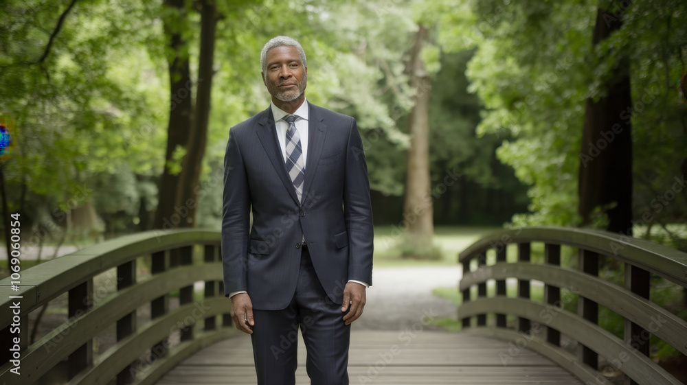 A poised African American man in a dark suit stands confidently on a wooden bridge surrounded by lush greenery, embodying professionalism and tranquility. A poised African American man in a dark suit stands confidently on a wooden bridge surrounded by lush greenery, embodying professionalism and tranquility.