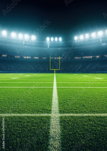 Empty football stadium at night illuminating the green field and goal post