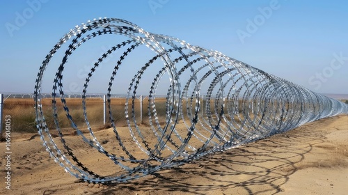 Endless Barbed Wire Spiral in Desert Landscape photo