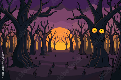 Design a Spooky Sunset Forest with Twisted Trees and Glowing Eyes