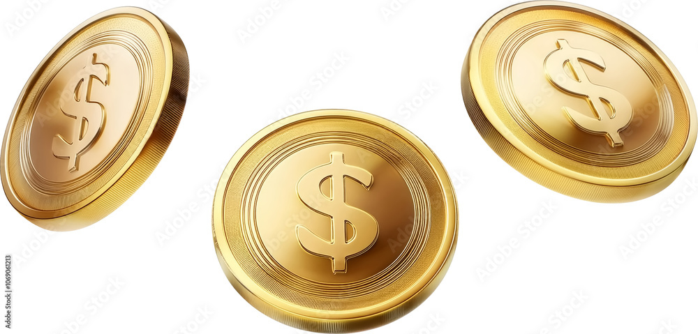 3D Gold Coins png clipart cutout transparent isolated, golden coin
