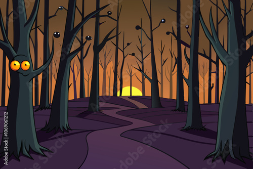 Design a Spooky Sunset Forest with Twisted Trees and Glowing Eyes